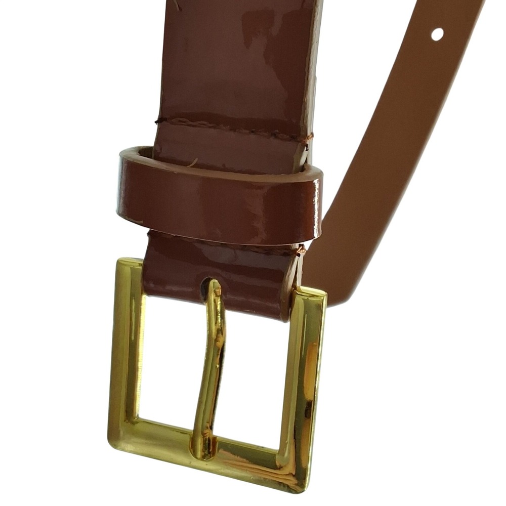 Cognac Brown Faux Patent Leather Skinny Belt Gold Buckle Size Small Slim